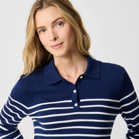 J CREW Striped Merino Wool Blend Collared Fine Knit Sweater SMALL Navy Blue NWT - Picture 7 of 8